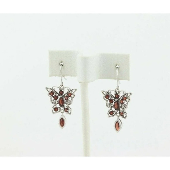 10k White Gold Natural Garnet Butterfly Earrings Dangle Drop Earrings - Picture 6 of 7